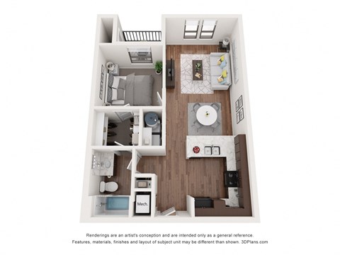 Floor plan for 1 bed, 1 bath, 656 sqft