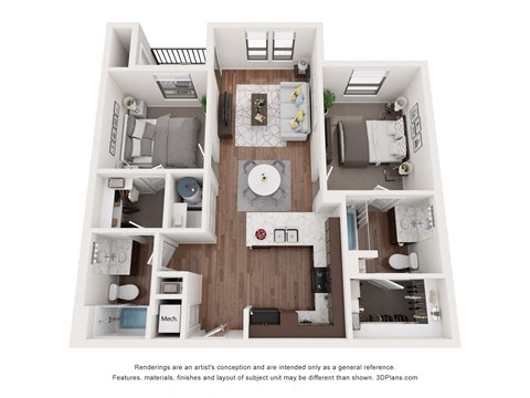 Floor plan for 2 beds, 2 baths, 900 sqft