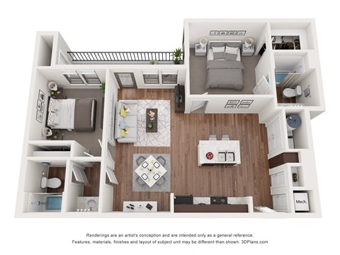 Floor plan for 2 beds, 2 baths, 1004 sqft