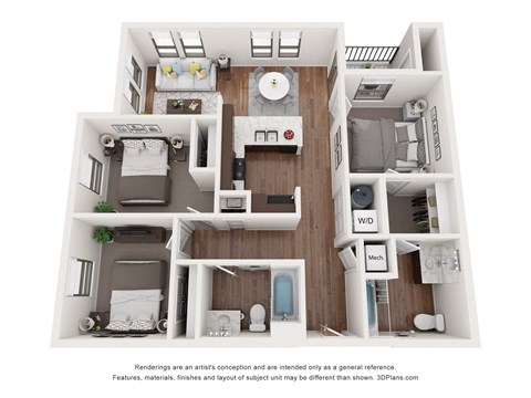 Floor plan for 3 beds, 2 baths, 1050 sqft