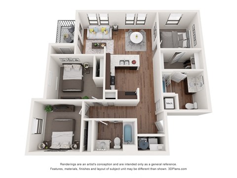 Floor plan for 3 beds, 2 baths, 1110 sqft