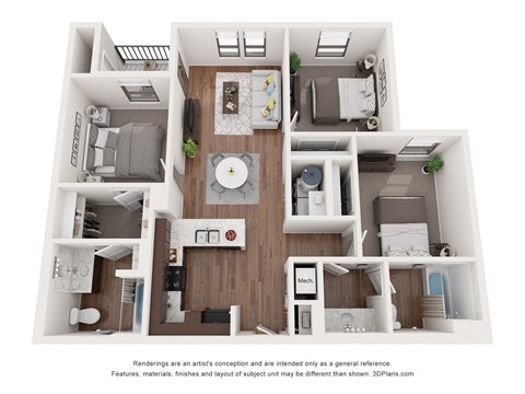 Floor plan for 3 beds, 2 baths, 1116 sqft