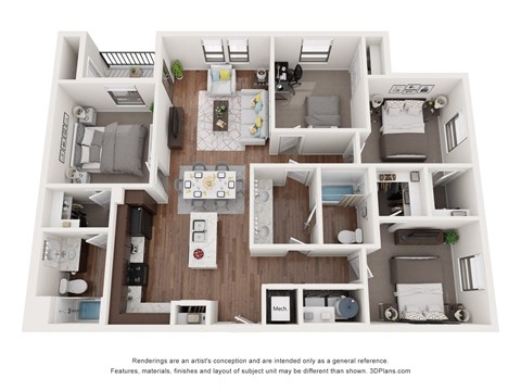 Floor plan for 4 beds, 2 baths, 1324 sqft