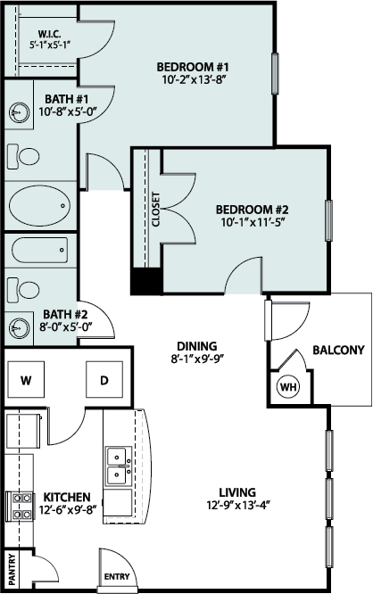 Floor plan for 2 beds, 2 baths, 908 sqft