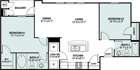 Floor plan for 2 beds, 2 baths, 908 sqft