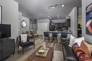 Kyle apartment for rent - A modern living room with a black leather couch and a wooden coffee table.