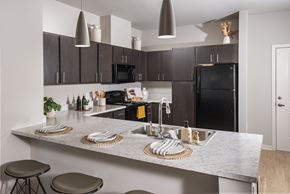 Charlotte apartment for rent - Modern apartment kitchen with dark cabinetry, black appliances, and pendant lighting, featuring an island countertop with double sink and bar seating.