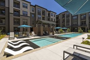 Austin apartment for rent - A swimming pool surrounded by a white and black striped concrete border.