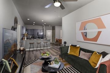 Austin apartment for rent - A living room with a green couch and a painting on the wall.