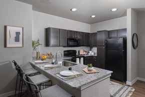 Converse apartment for rent - Modern kitchen with spacious countertops, dark cabinetry, black appliances, and a peninsula with bar seating.