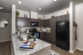 Charlotte apartment for rent - A kitchen with a black refrigerator and grey cabinets.