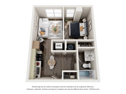 Floor plan for 1 bed, 1 bath, 443 sqft