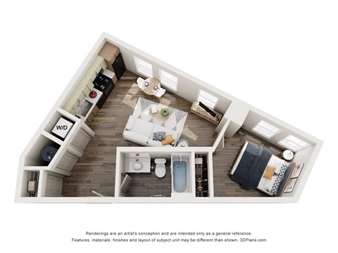 Floor plan for 1 bed, 1 bath, 477 sqft