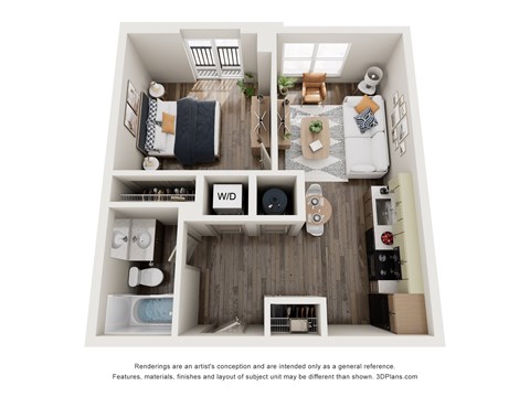 Floor plan for 1 bed, 1 bath, 530 sqft