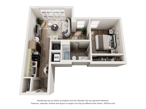 Floor plan for 1 bed, 1 bath, 563 sqft