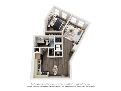Floor plan for 1 bed, 1 bath, 561 sqft