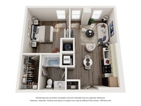 Floor plan for 1 bed, 1 bath, 611 sqft