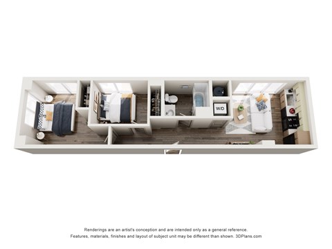 Floor plan for 2 beds, 2 baths, 607 sqft
