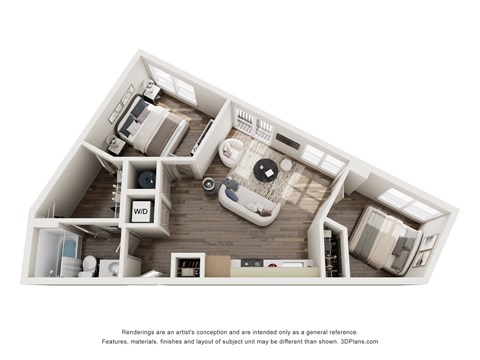 Floor plan for 2 beds, 2 baths, 652 sqft