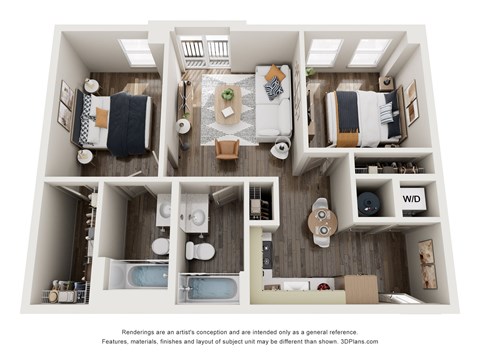 Floor plan for 2 beds, 2 baths, 753 sqft