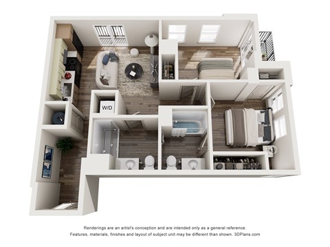 Floor plan for 2 beds, 2 baths, 753 sqft