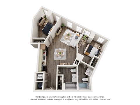 Floor plan for 2 beds, 2 baths, 887 sqft