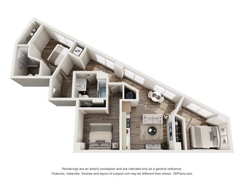 Floor plan for 3 beds, 2 baths, 847 sqft