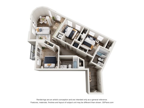 Floor plan for 3 beds, 2 baths, 911 sqft