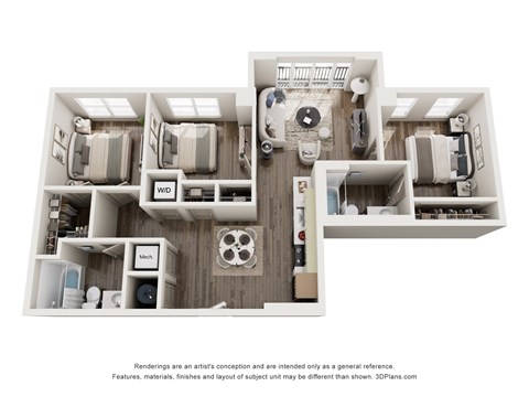 Floor plan for 3 beds, 2 baths, 1020 sqft