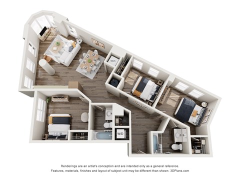 Floor plan for 3 beds, 2 baths, 751 sqft