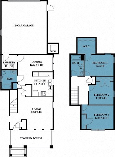 Floor plan for 3 beds, 2 baths, 1644 sqft