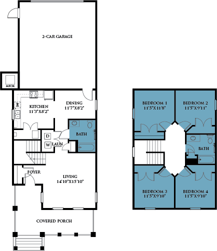 Floor plan for 4 beds, 2 baths, 1669 sqft