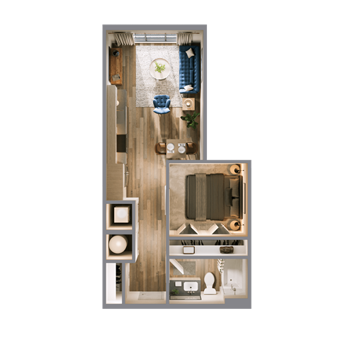 Floor plan for 1 bed, 1 bath, 590 sqft