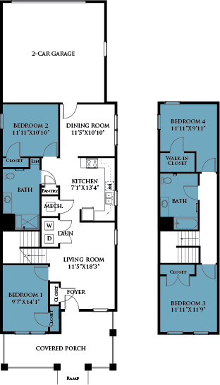 Floor plan for 4 beds, 2 baths, 1835 sqft