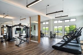 Silver Spring apartment for rent - A gym with a variety of equipment including treadmills, weights, and exercise machines.