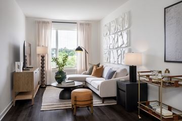 Silver Spring apartment for rent - A living room with a white sofa, a wooden cabinet, a glass coffee table, and a large painting on the wall.