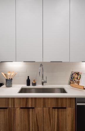 Silver Spring apartment for rent - A kitchen with a sink and wooden cabinets.