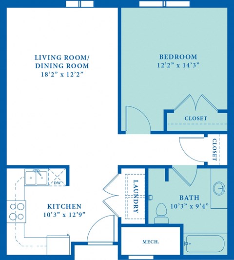 Floor plan for 1 bed, 1 bath, 658 sqft