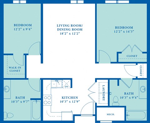 Floor plan for 2 beds, 2 baths, 908 sqft