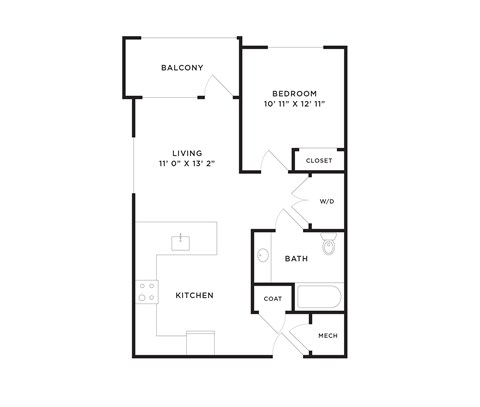 Floor plan for 1 bed, 1 bath, 712 sqft