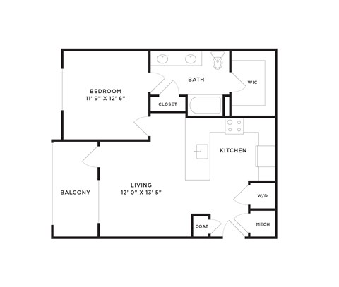 Floor plan for 1 bed, 1 bath, 755 sqft