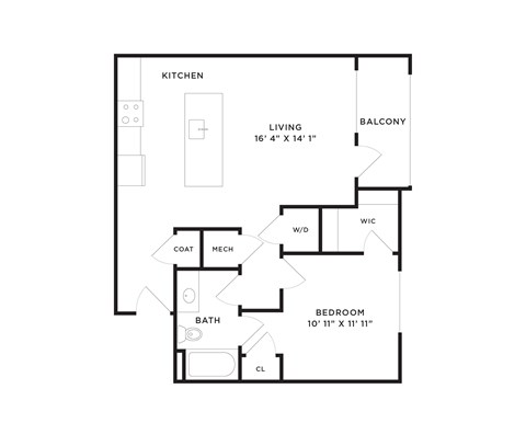 Floor plan for 1 bed, 1 bath, 781 sqft