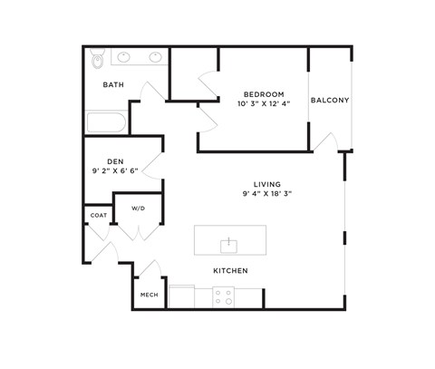 Floor plan for 1 bed, 1 bath, 907 sqft