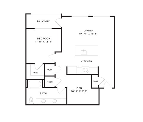 Floor plan for 1 bed, 1 bath, 907 sqft