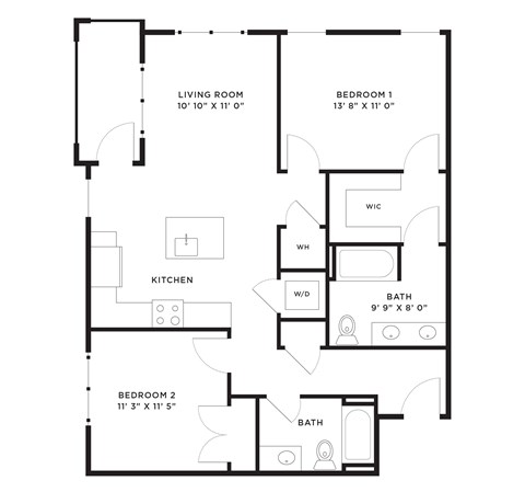 Floor plan for 2 beds, 2 baths, 1029 sqft