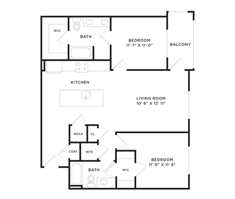 Floor plan for 2 beds, 2 baths, 1096 sqft