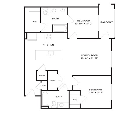 Floor plan for 2 beds, 2 baths, 1096 sqft