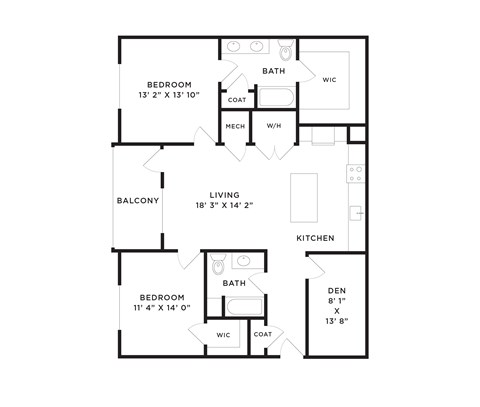Floor plan for 2 beds, 2 baths, 1298 sqft