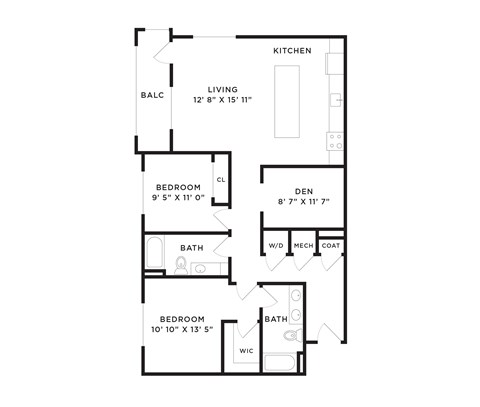Floor plan for 2 beds, 2 baths, 1301 sqft