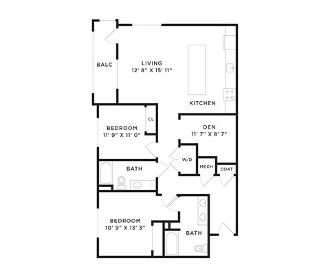 Floor plan for 2 beds, 2 baths, 1301 sqft